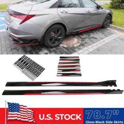 For Hyundai Elantra Sedan 78.7" Side Skirts Panel Lip Glossy Black w/ Red Trim - Image 1 of 4