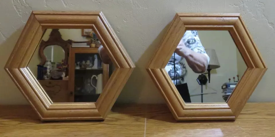 PAIR OF WOOD HEXAGON MIRROR 8 X 8 X 8" - Image 1 of 3