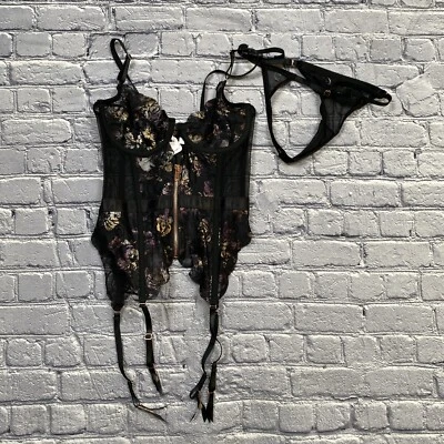 Bustier y tanga de encaje Coquette para mujer talla S/P negro metálico floral caprichoso Foto 1 de 4