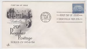 TurtlesTradingPost - Monticello 20 Cent #1047- 1956 FDC Artcraft Cachet - Picture 1 of 1