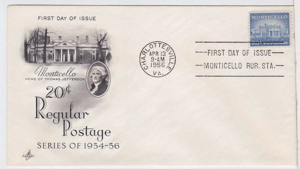 TurtlesTradingPost - Monticello 20 Cent  #1047- 1956 FDC Artcraft Cachet - Image 1 of 1