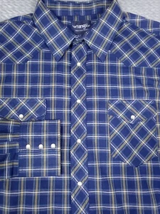 Vtg Wrangler Shirt Mens Size 19-36 Tall Blue Long Tail Pearl Snap Plaid Western - Picture 1 of 8