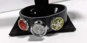 Armband geätzt schwarz Leder BoHo drei Druckknöpfe Doppelverschlüsse - Bild 1 von 4