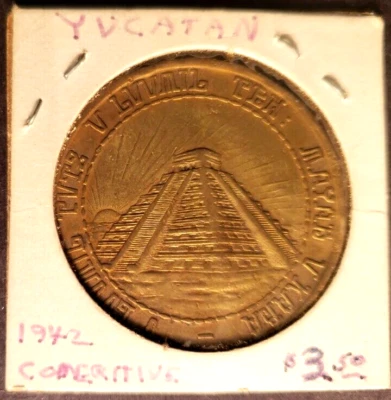 1942 Mexico IV Centenario De La Fundacion De Merida Yucatan Mayan Coin - Image 1 of 2