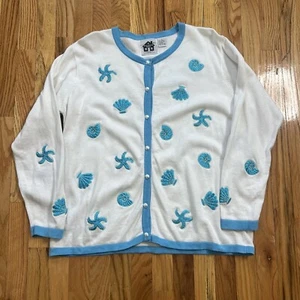 Storybook Knits Cardigan Sweater Seashells Beach Ocean Grandma VTG Womens L Teal - Picture 1 of 6