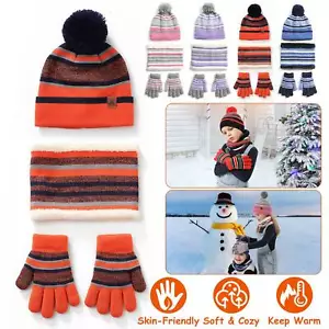 Winter Kids Knitted Hat Scarf Gloves Set Boys Girls Winter Soft Warm Beanie Kits - Picture 1 of 26