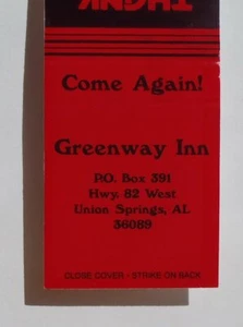 1980s? Greenway Inn Hwy. 82 West Union Springs AL Bullock Co Matchbook Alabama - Picture 1 of 1