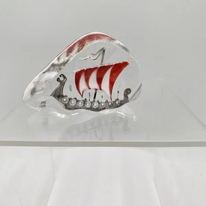 Rare Mats Jonasson Sweden Full Lead Crystal Viking Ship Red Paperweight Signed # - Picture 1 of 9