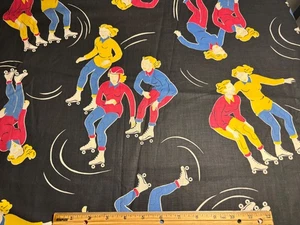 Vintage Cotton Fabric 1940s 50s Girls Roller Derby Skating NOVELTY 35w 3yds - Picture 1 of 3