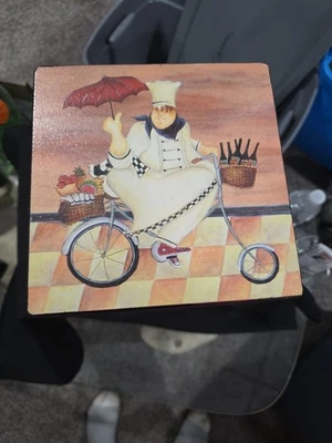 CHEF WINE BREAD UMBRELLA ON BIKE HAND PAINTED 8 INCH STOOL - Image 1 of 3