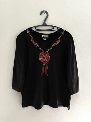 Top para mujer Christine Alexander negro rojo lazo adornado manga 3/4 talla mediana Foto 1 de 4