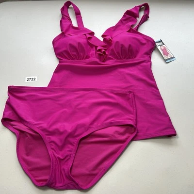 DKNY V-Neck Ruffle Tankini Pink Swimsuit Set Full Coverage Bottom Size Large - Image 1 of 4