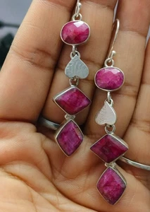 Lab Created Ruby Gemstone Hook Long Dangle Earrings 925 Sterling Silver Jewelry - Picture 1 of 6