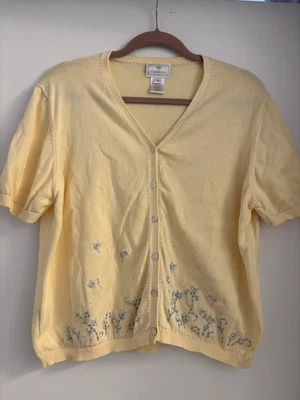 Vintage Susan Bristol Yellow Short Sleeve Cardigan W Floral Embroidery XL - Image 1 of 4