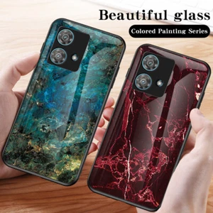 For Motorola Edge 40 Neo, Shockproof Shell Marble Tempered Glass Back Case Cover - Picture 1 of 22
