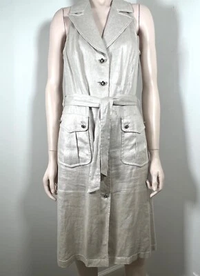 VESTIDO ABRIGO SIN MANGAS DE LINO COJO PLATEADO ESCADA, COSTURAS EXPUESTAS CON CINTURÓN, UE 36 Foto 1 de 4