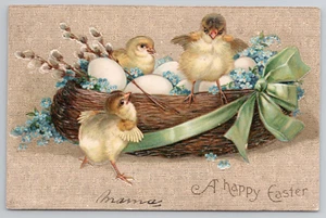 A Happy Easter Baby Chicks in Floral Egg Basket Antique Postcard Postmark 1908 - Picture 1 of 6