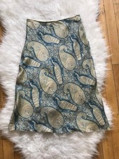MAGGY FRANCES SILK PAISLEY PEACOCK PRINT KNEE LENGTH FLARE SKIRT~SIZE 1/XS~TEAL