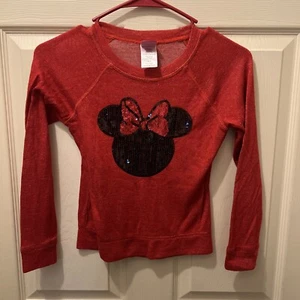 Disney Girls 7/8 Pullover LS T-Shirt Red Minnie Mouse Head Sequin Glitter - Picture 1 of 5