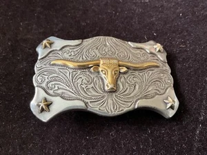 SILVER/GOLD Tone BELT BUCKLE WESTERN TEXAS LONGHORN STEER BULL COWBOY STARS 3” - Picture 1 of 3