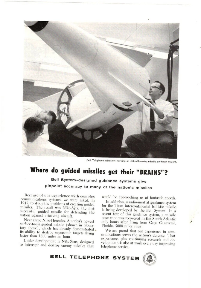1959 Print Ad Bell Telephone System Where do guided missiles get their brains? - Image 1 of 1