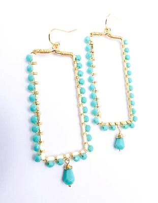 ARTISANAL Turquoise Crystals Gold Plated Rectangle Wire Wrapped Dangle Earrings - Image 1 of 4