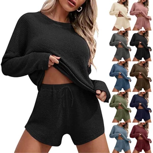 Women Waffle Knit Outfits Sets Long Sleeve Top and Shorts Lounge Set with Pocket - Picture 1 of 34