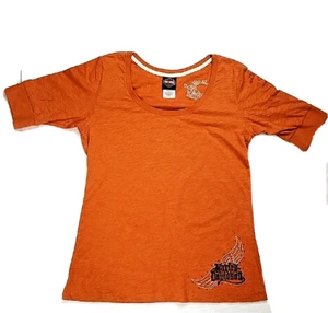 Harley Davidson Womens XL Orange TShirt Roosters Sioux City IA Embroidery Beads - Picture 1 of 18