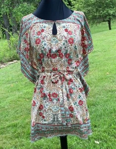 Zara TRF Kaftan Top M Boho Caftan Polyester Floral Cover Up Turquoise Excellent  - Picture 1 of 8