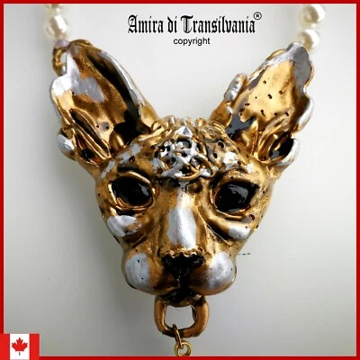 sphynx cat luxury jewelry simulated pearl gold pendant stones necklace charm bib - Image 1 of 4