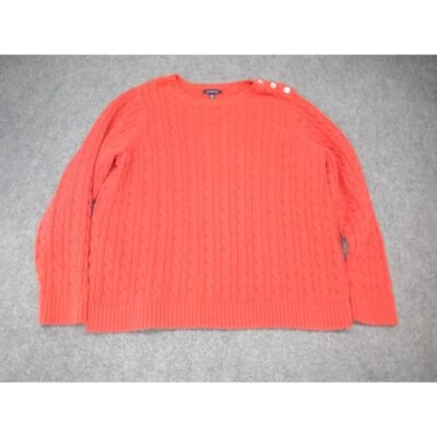 Suéter de algodón tejido con cable Lands' End talla grande 2X detalle de hombro con botones rojos Foto 1 de 4