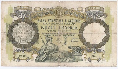 Albania 20 franga  ND (1945), Italian occupation, Overprint - Image 1 of 2