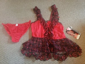 Super Rare 80s Sexy Red & Black Lace Lingerie Vintage Nylon String Red Panty L - Picture 1 of 6