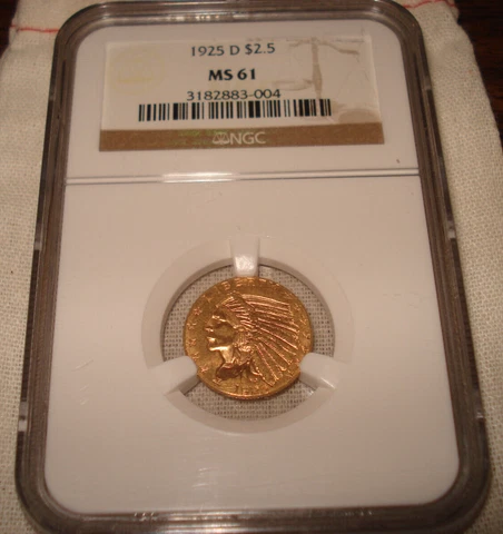 1925 $2.5 NGC MS61 Indian Head Gold Quarter Eagle Graded Coin Cover