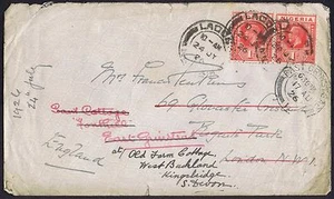 1926 Nigeria 1d Red x 2 Lagos London Redirected x 2 East Grinstead then Devon. - Picture 1 of 2