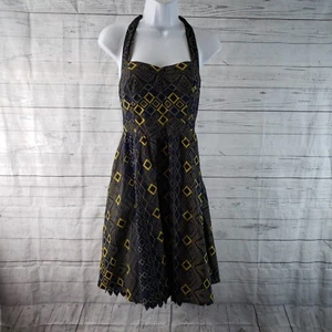 Edme & Esyllte Womens Rythmic Repetition Halter Dress Sz 0 Blue Yellow Cotton - Picture 1 of 6