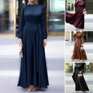 ZANZEA Womens Muslim Puff Long Sleeve Satin Full Length Abaya Party Maxi Dress