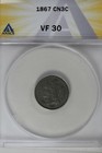 1867  .03   ANACS   VF 30   THREE CENT NICKEL, LIBERTY THREE CENT PIECE