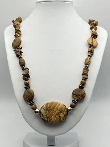 Boho Jaspis Silber Halskette Stein Perle Natur - Bild 1 von 5