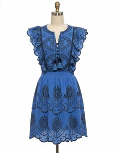 SEA New York blau Rüschen Blumendruck Baumwolle bestickt Kleid Gr. 0 KLEINER FEHLER - Bild 1 von 12
