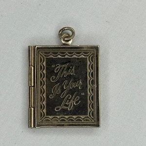 Vintage Metal "This Is Your Life" Book Shaped Photo Locket w/ Pics 1.0" x 7/8" - Picture 1 of 4