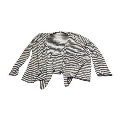 Cardigã suéter feminino Coldwater Creek L branco preto listrado algodão frente aberta - Imagem 1 de 4