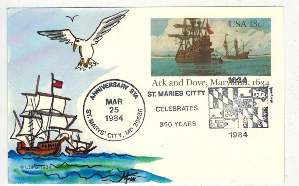 HANDPAINTED SCARCE MELISSA FOX UX101 ARK & DOVE MARYLAND PICTORIAL CANCEL FDC - Image 1 of 1