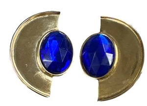 Orecchino vintage Bergdorf Goodman firmato semicircolare pietra blu tono oro clip - Foto 1 di 10