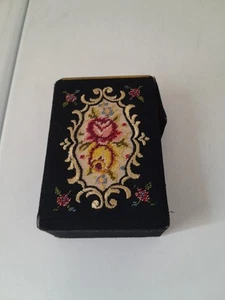 Vintage Embroidered Cigarette Box, Red Interior, Needlepoint, wear to corners - Picture 1 of 14