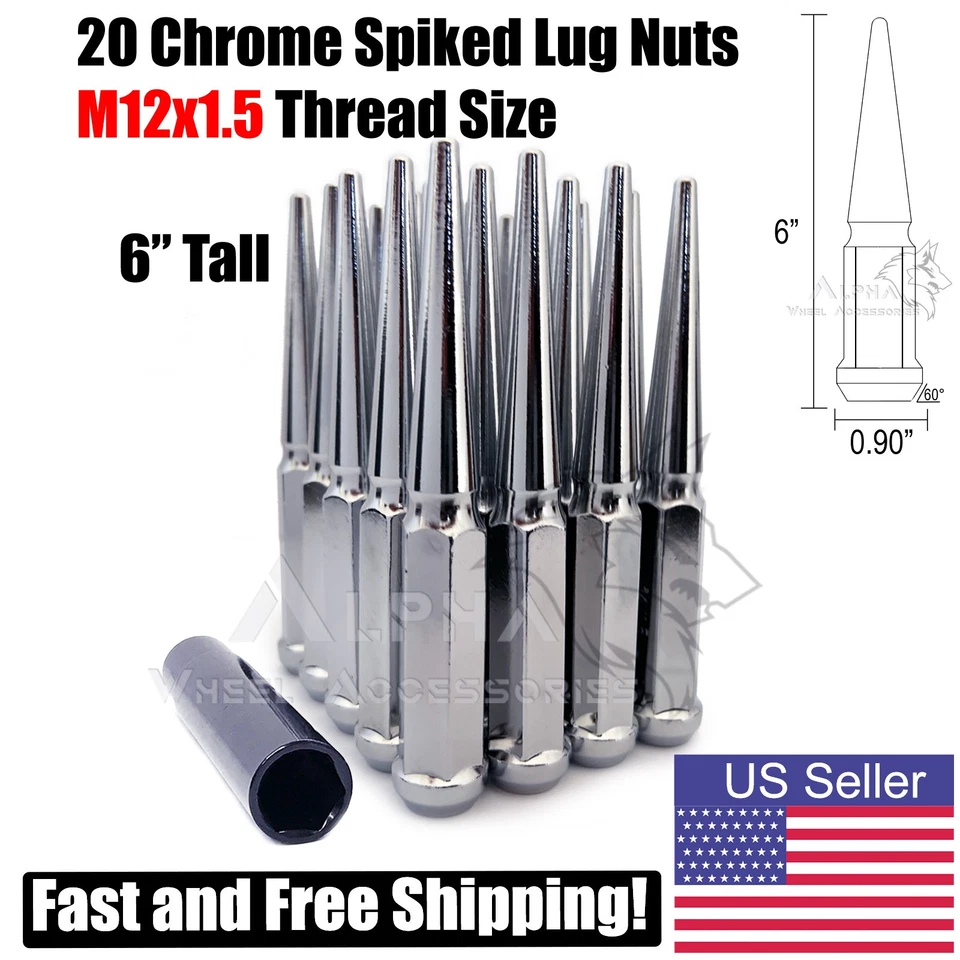 20 tuercas de clavos cromadas M12x1,5 para ruedas cónicas de repuesto de 6" de alto + 1 llave Foto 1 de 4