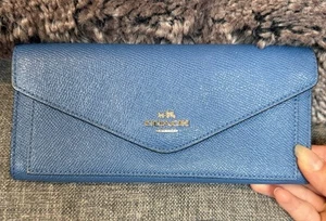 Coach Slim Envelope Wallet Blue Pebble Leather Gold Hardware - Picture 1 of 6