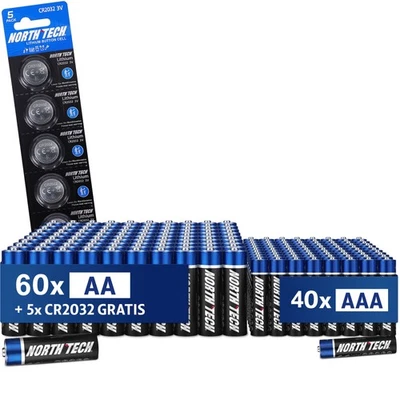 North Tech Ultra Alkaline Batterien – 60x AA + 40x AAA + 5x CR2032 GRATIS | 10J - Bild 1 von 4