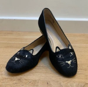 Charlotte Olympia Kitty Ballet Flats Black Satin Women size 38.5 made in Italy - Picture 1 of 13