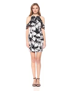 bebe Etuikleid mit Blumendruck und Cold Shoulder Rüschenärmeln, schwarz/multi, 4 - Bild 1 von 2